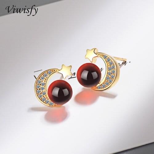 Viwisfy 18K Gold Crystal Moon Star Stud 925 Sterling Silver Earrings For Woman VW21073