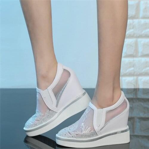 Rhinestones Oxfords Women Genuine Leather Wedges High Heel Gladiator Sandals Female Breathable Lace Fashion Sneakers Casual Shoe