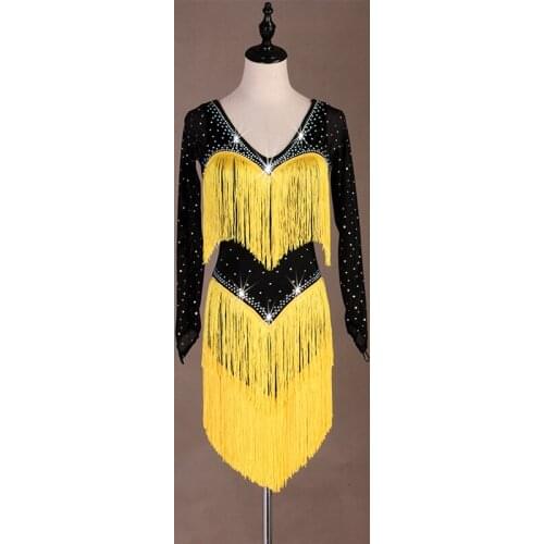 Latin Dance Dress Women Costume White/Yellow Tassels Dress Salsa Dress Gitba Performance Black Long Sleeves Latin Dress VDB544