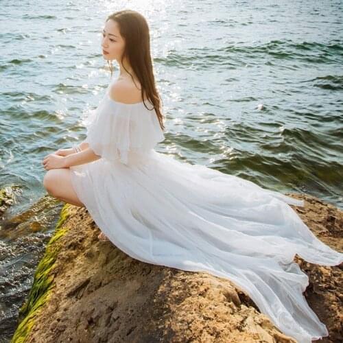 Yomrzl womens Elegant slit neckline chiffon dress white strapless sexy off shoulder full dress M387