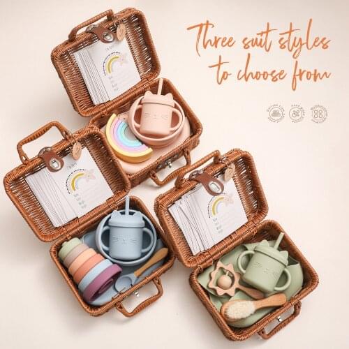 1 Set Baby Tableware Gift Set Silicone Bowl Bib Cup Spoon Teether Toy Feeding Supplies Food Grade Newborn Birth Gift Set