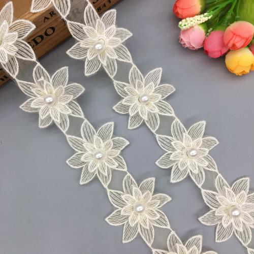 1 Yard Apricot 3D Flower Pearl Beaded Lace Trim Applique Embroidered Lace Ribbon Sewing Craft Wedding Dress Clothes Decoration