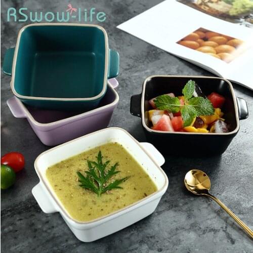 14.4*4.6cm Simple Square Baking Plate Binaural Pasta Bowls Fruit Salad Plate Household Ceramic Bowl Soup Bowl Tableware