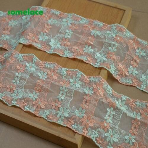 2Yds/Lot 13cm Wide Transparent Gazue Orange Green Mixed Mirror Floral Embroidery High Quality Lace Trim For Garments And Wedding