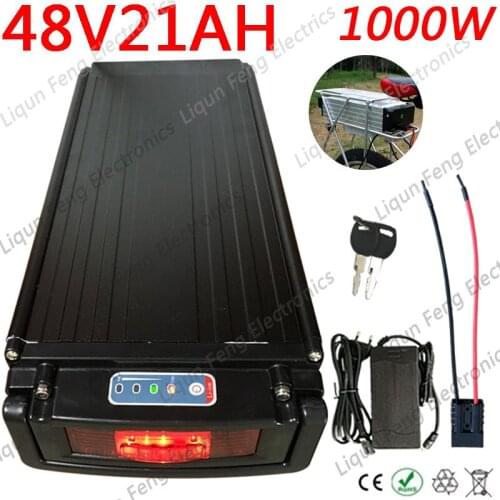 48V 1000W Rear Rack Battery 48V 20AH Electric Bike Battery 48V 13AH 15AH 21AH Lithium ion Battery With 30A BMS+54.6V 2A Charger