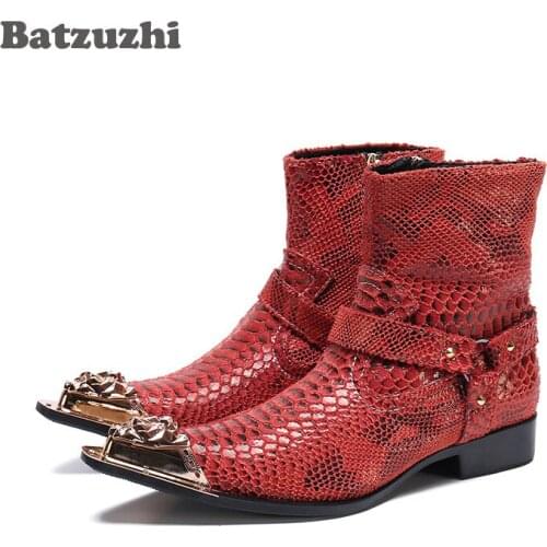 Batzuzhi Western Cowboy Boots Men Pointed Metal Tip Red Genuine Leather Ankle Boots Men Motorcycle Botas Hombre, Pluz Sizes 46