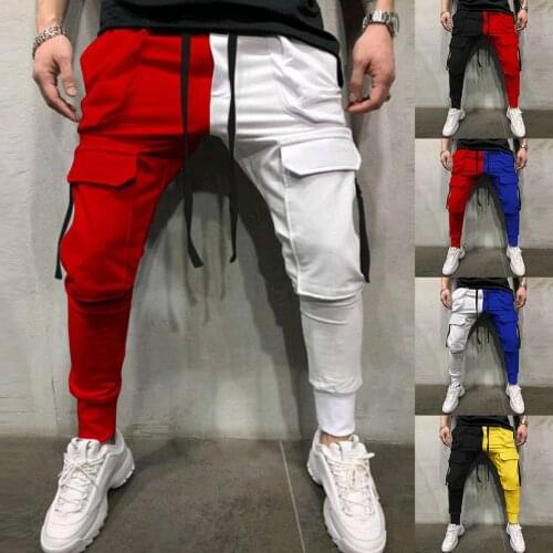 Men Fashion Casual Pants Men Side Pockets Pants Men Casual Sports Pants Color Matching Lace-Up Pockets Trousers Hip Hop Leggings