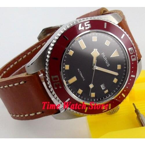 Parnis 43mm MIYOTA 821A black dial date orange marks sapphire glass 10ATM Automatic mens watch 150