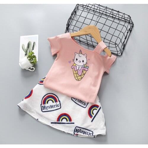 Childrens Clothing Summer New Fashion 2pcs Baby Girls Off-Shoulder Cartoon Short-Sleeved T-shirt+ Rainbow Skirt Suit Girl Set