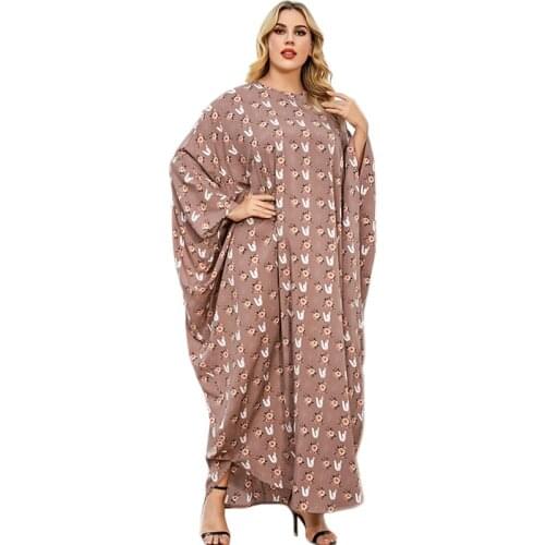 Abaya Floral Printed Long Dress Muslim Women Arab Maxi Robe Oversized Kaftan Batwing Sleeve Islamic Ramadan Turkish Casual Loose