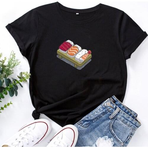 Sushi Shirt Graphic T Shirt Women Short Sleeve Cotton T Shirts Woman Black White Loose T Shirt Women Top Harajuku T Shirt Femme