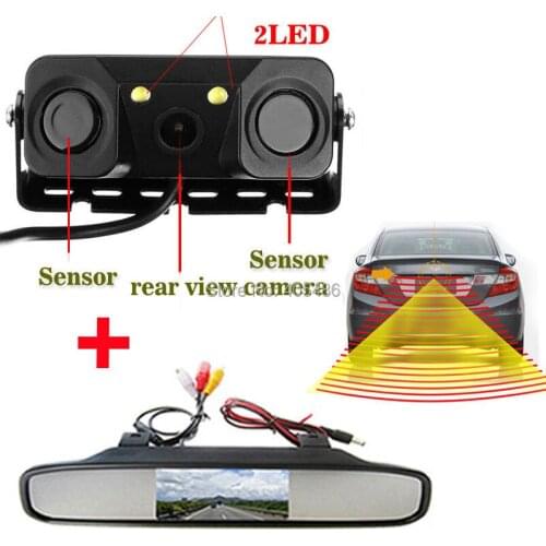 2 LED Night vision Waterproof Car Rear View Camera Backup Camera With Parking Sensor + Car Mirror Monitor Parking Assistance
