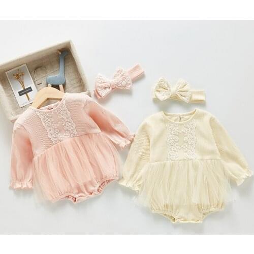 Infant Baby Girls Lace Stitching Jumpsuit+Hair band Baby Girl Cotton Long Sleeve Bodysuits Spring Autumn Baby Girls Clothes