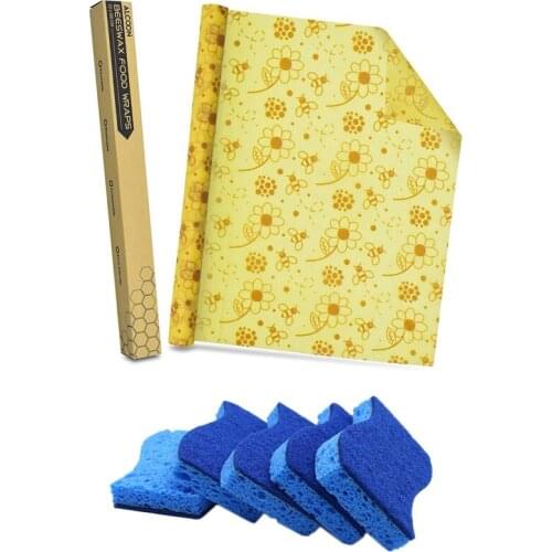 Beeswax Food Wrap Roll Reusable Bees Wrap with 12 Pack Cellulose Scrub Sponge Kapok Cotton Dishwashing Brush