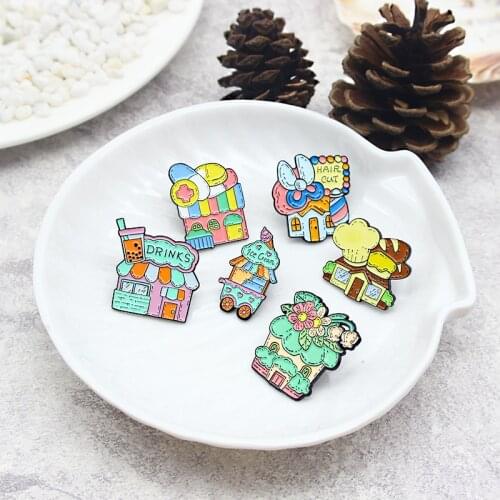 Cartoon house Enamel Brooch Drink ice Cream bakery-shop Flower shop hair cut hospital clinic Lapel Pin Fashion fun badge