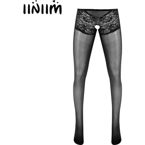 Iiniim Mens Gay Male Lace Patchwork Crotchless Pantyhose Underwear Glossy Thin Footed Tights Stockings Exotic Sissy Nightwear
