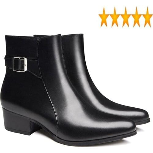 Heel Korean Genuine Leather High Pointed Men Fashion Spring Autumn Mid-Calf Work Boots Luxury Brand Buckle Dress Shoes New