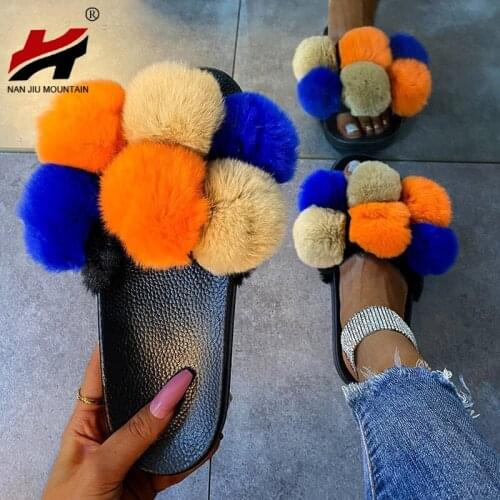 NAN JIU MOUNTAIN 2021 Fashion Womens Shoes Outdoor Flat Open Toe Sandals Cute Fur Ball Slippers Plus Size 41