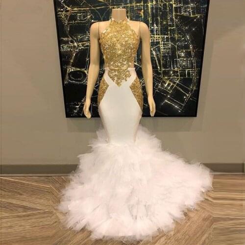 Real Photo Mermaid Prom Dresses 2020 Long Gold Appliqued Halter Formal Evening Dress with Ruffled Tulle Skirt Turkey Party Gowns