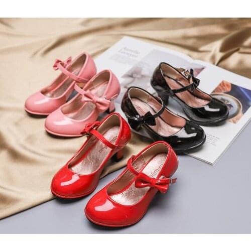 2020 New hot sale princess leather dance shoes girls party bow shoes shiny Solid Red color high-heeled fashion shoes for kids