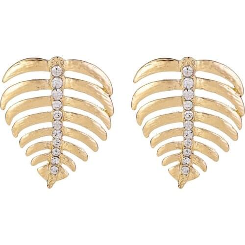 Trendy Shiny Rhinestone Charm Earring Exquisite Gold Color Big Leaves Stud Earrings Metal Alloy Attractive Earring Women Jewelry