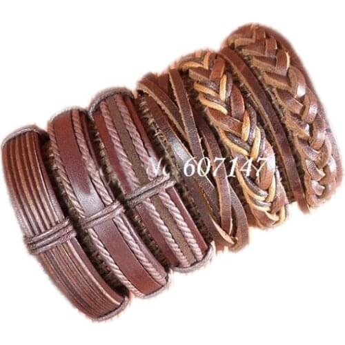 Handmade Retro Style Wholesale (6pcs/lot) Ethnic Tribal Adjustable Real Leather Bracelet For Men Jewelry 2019 -S109