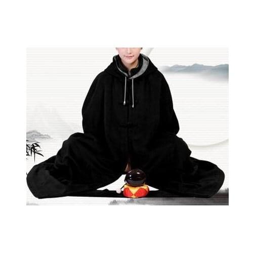 Unisex 7color Winter warm black/gray buddhist shaolin monk kung fu meditation cloak buddhayoga suits cap Poncho zen lay clothing