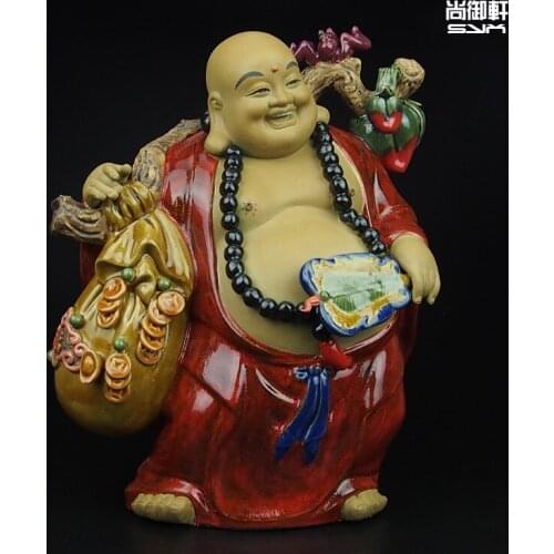 Shiwan doll boutique master Tam Cai Maitreya Buddha 3 small ceramic crafts living room feng shui lucky ornaments