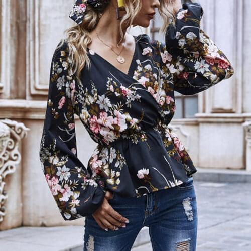 Spring Autumn Vintage Trend Women Print Shirts V-neck Ruffles Swing Waist Tops For Female Fashion Lantern Sleeve Ladies T-shirt