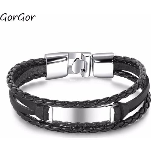 GorGor Fashionable Simple New Style All-match Multi-layer Woven Leather Glossy Lettering Individuality Mens Bracelet 1301
