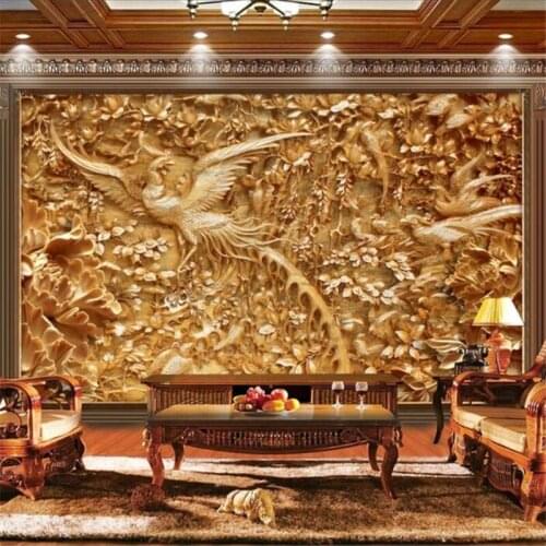 Wellyu Custom wallpaper 3d mural bird phoenix golden woodcarving обои background wall papers home decor papier peint wallpaper