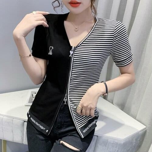 #6129 Spliced Color Short Sleeve T Shirt Women Zipper V Neck Sexy Short T Shirt Female Short Sleeved Harajuku Streetwear Tshirt