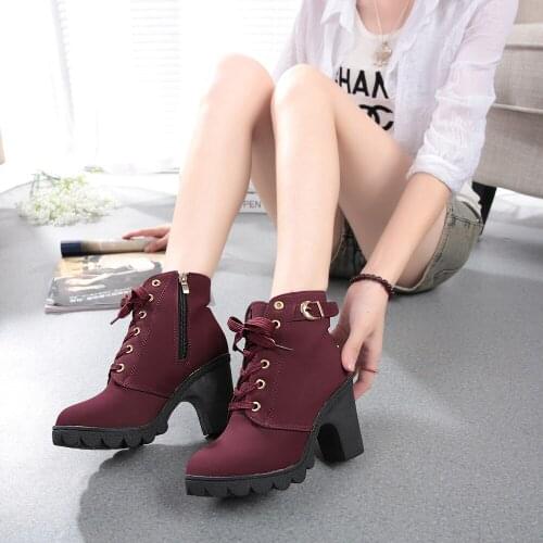 2021 New Autumn Winter Women Boots High Quality Solid Lace-up European Ladies Shoes PU Fashion High Heels Boots 35-42