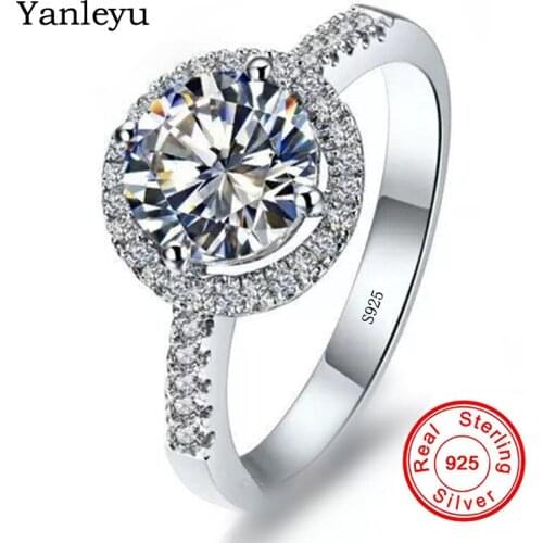 Yanleyu Classic 2 Carat Round CZ Diamant Wedding Rings for Women Pure 925 Solid Silver AAA Cubic Zirconia Engagement Ring PR157