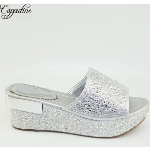 Latest Silver Wedge Heel Slippers African Womens Pumps Shoes With Rhinestones CR2112 Height 6.8CM