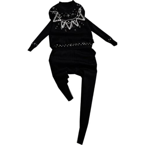 2020 winter 2 pieces sweater suits beading sweater knitted + pants set Women two piece set