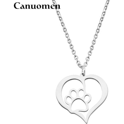 Canuomen Hollow Pet Paw Footprint Pendant Necklace Heart-shaped Stainless Steel Gold Lover Link Chain For Women Charm Jewelry