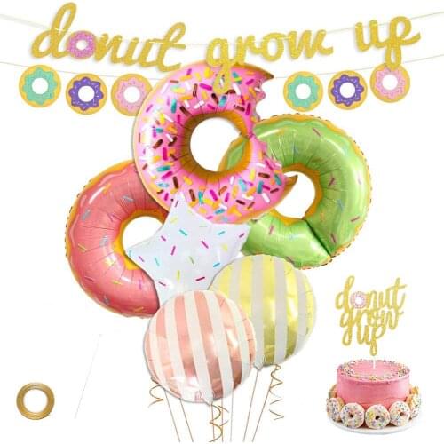 1Set Sweet Donut Theme Decoration Grow Up Childrens Birthday Party color Garland Aluminum Balloons Cake Toppers Kids Favor Gift