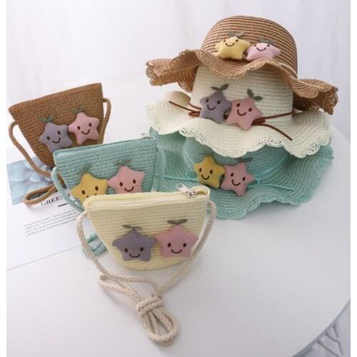 Cute Star smile baby straw hat Foldable panama hat Summer Girl children breathable 2pcs a set sun hat + shoulder bags