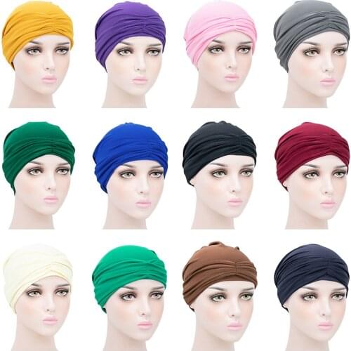 2020 Trendy Turban Caps For Women Plain Muslim Hijab Scarf Hijabs India African Head Wraps Turbante Headscarf Bonnet Beanies New