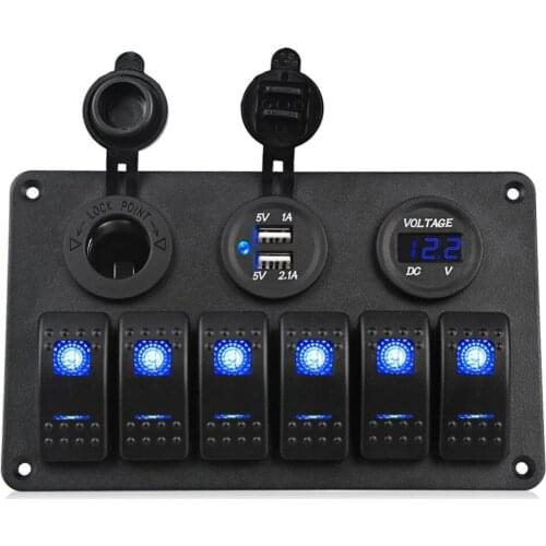 6 Gang Marine Ignition Toggle Rocker Switch Panel Voltmeter 3.1A Dual USB Charger Cigarette Lighter Socket For RV Car Boat