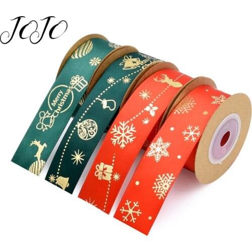 JOJO BOWS 25mm 5y Christmas Bronzing Grosgrain Stain Ribbon For Craft Bell Deer Printed Tape For Needlework DIY Hairbow Material