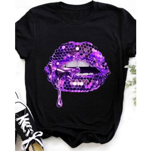 Glitter Shiny Lips Print Women T Shirt Short Sleeve O Neck Loose Women Tshirt Ladies Tee Shirt Tops Clothes Camisetas Mujer