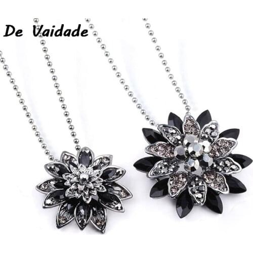 Black Dahlia Necklaces Vintage Flower Crystal Alloy Pendant Necklace With Beads Chain Jewelry