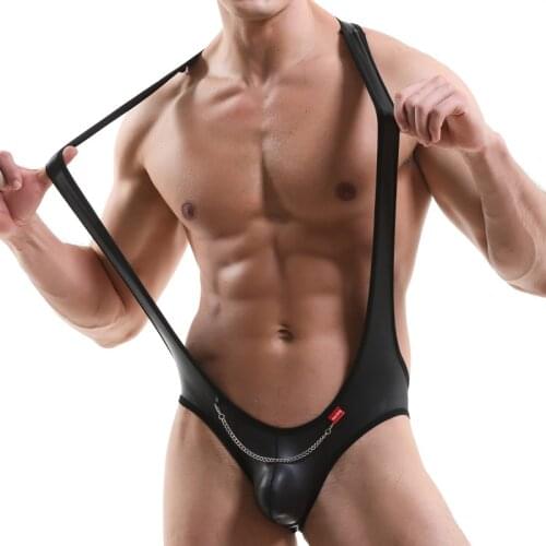 PU Leather Undershirts Jockstrap Sexy Open Butt Bodysuits Chain Wrestling Singlet Jumpsuit Bulge Pouch Latex Underwear Bikini