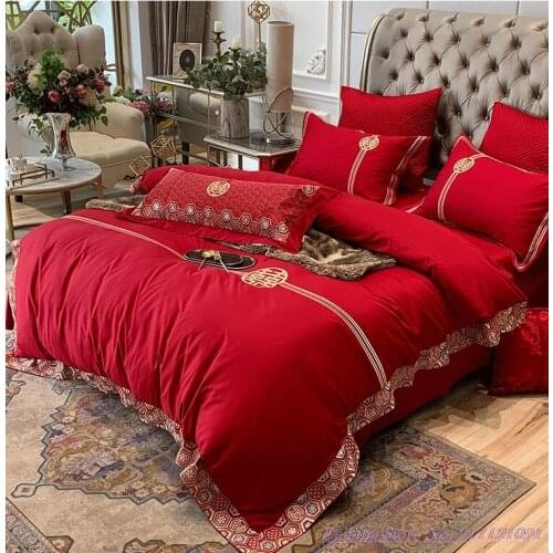 100% Cotton Bedding Set 4pcs King Size Bed New Chinese style red wedding 60TC long-staple cotton heavy embroidered duvet cover