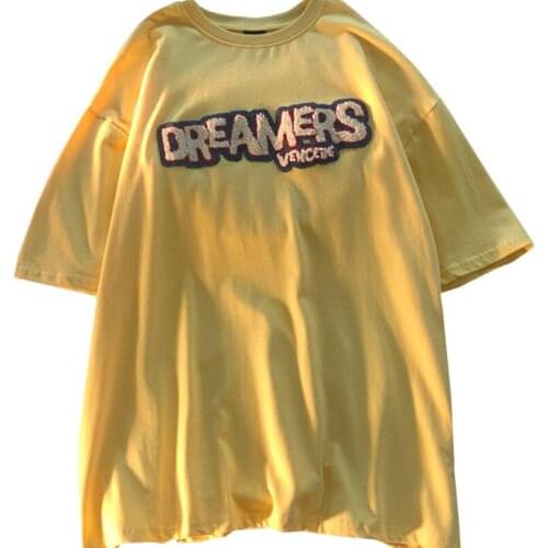 ZuoLunOuBa Summer Harajuku Fashion Women T Shirt Embroidered Letters Dreamers Yellow Lady Tees Casual Loose O-neck Tops Female