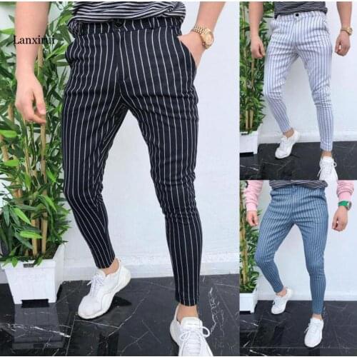 Fashion Mens Slim Fit Stripe Business Formal Pants Casual Office Skinny Long Straight Joggers Sweat Pants Trousers