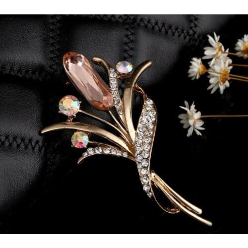 Fashion Rhinestone Champagne Brooch Pin Women Wedding Bridal Party Flower Crystal Bouquet Brooch Gifts