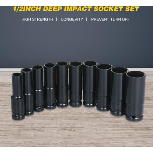 1/2Inch Drive Hex Impact Socket Set 10-Piece Deep Socket Metric Sizes 10-24mm Carbon Steel with Hard Storage Box